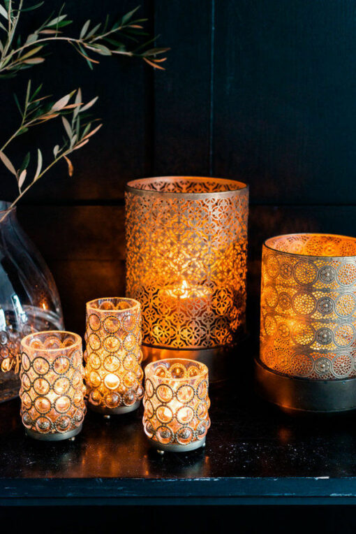 Windlicht 2-er Set Glas mit Goldverzierung